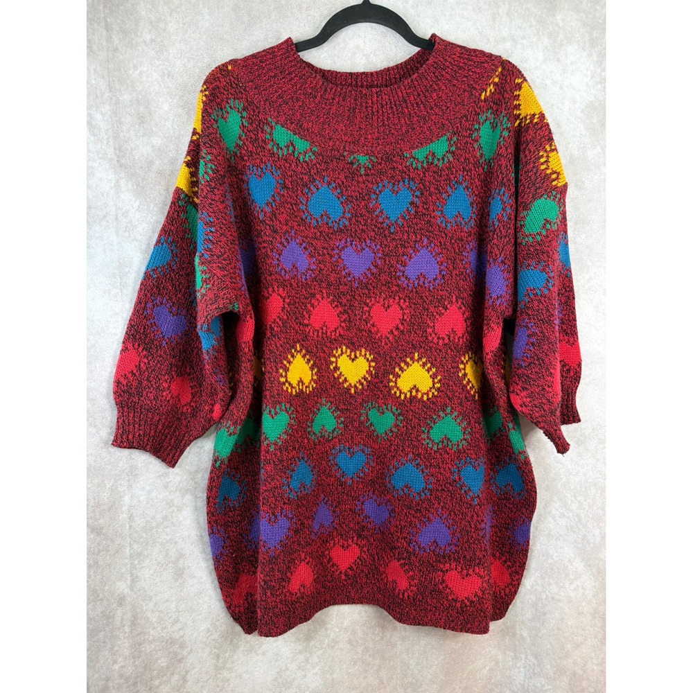 VTG 80s Stefano International Sweater Women One Size Red Rainbow Heart Oversized